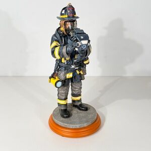 mark. Black and Yellow #18 Firefighter Resin Sculpture on Wood Base